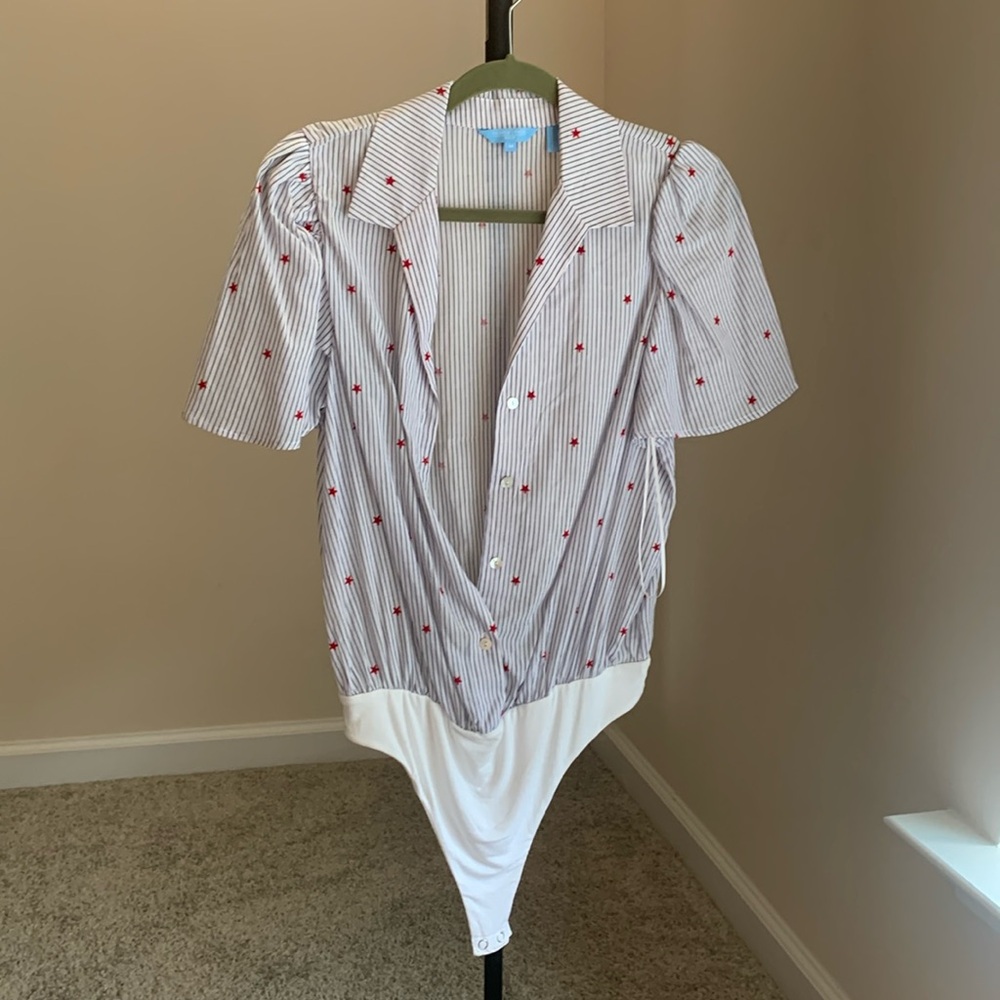 Bodysuit. Light material perfect for summer. Blue stripes with red stars.Size M